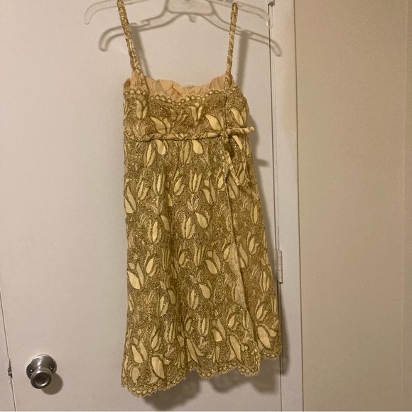 Vintage 50s Midcentury Modern Union Made Gold Lace Cocktail Party Dress - Picture 4 of 9
